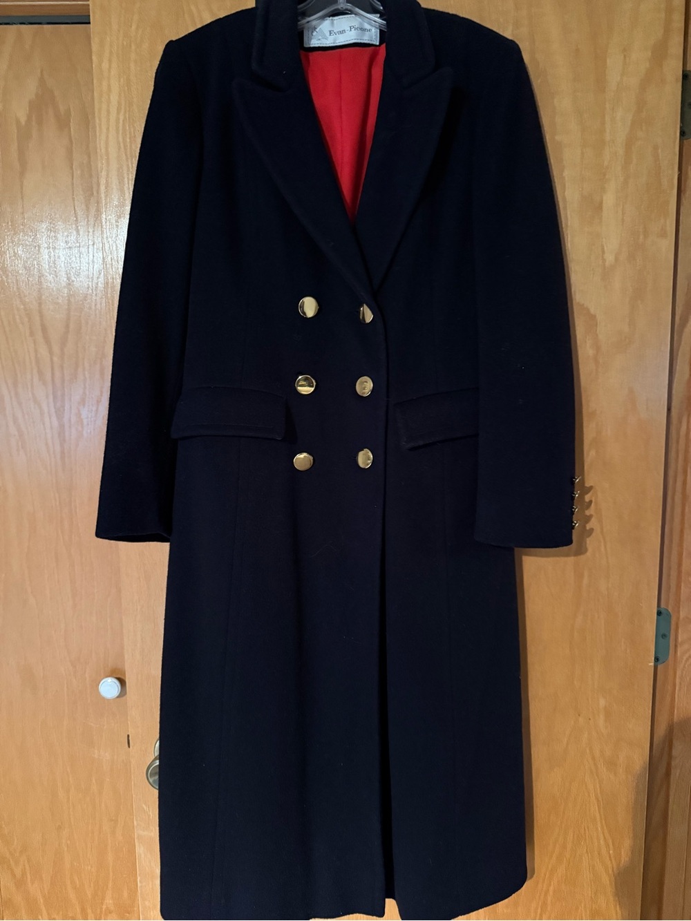 Evan Picone Navy Double-Breasted Wool Coat with Red Lining (Vintage)